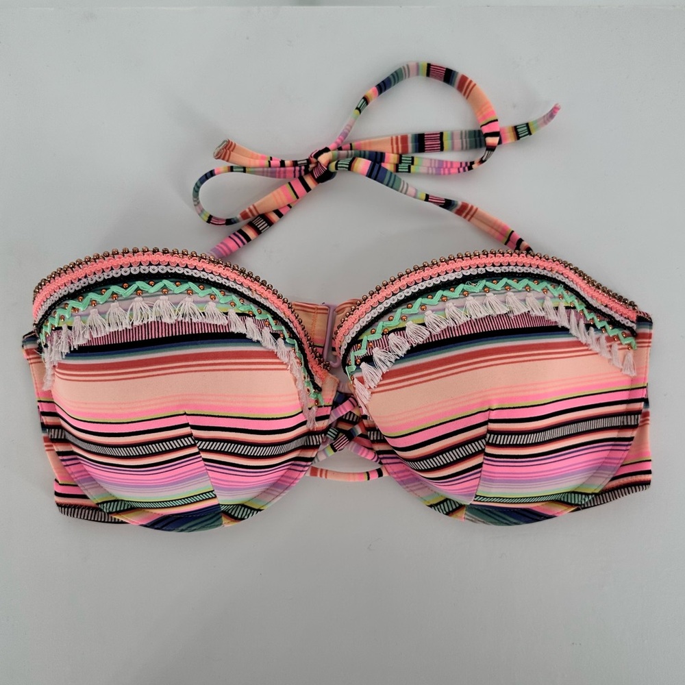 Victoria’s Secret The Beach Bandeau Pink Multicolor Stripe Tassel Bikini 36D